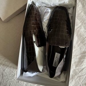Jimmy Choo Dark Brown Croc-Embossed Smoking Slippers Loafers. NIB. Size 39